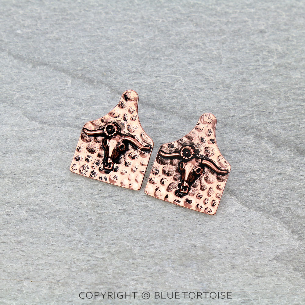 Hammered Texture Steer Skull Cow Tag Stud Earrings