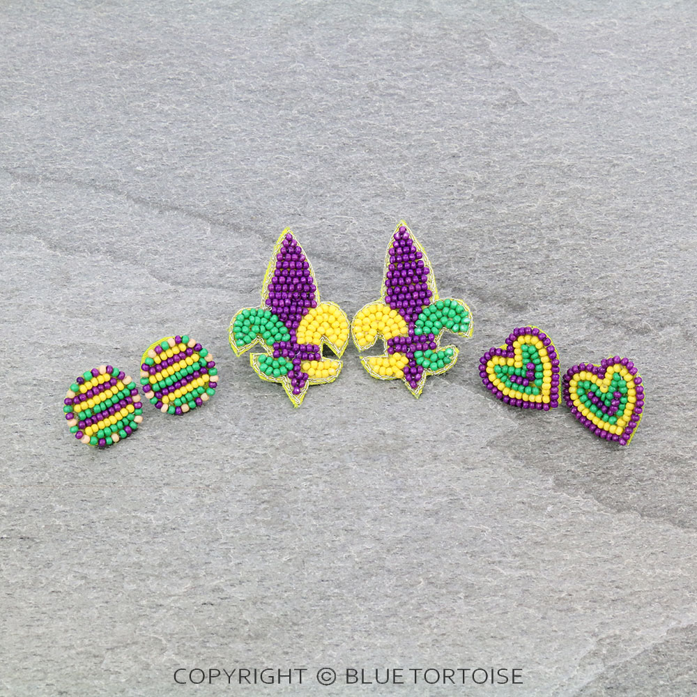3 Pair Mardi Gras Fleur De Lis Seed Bead Earrings Set