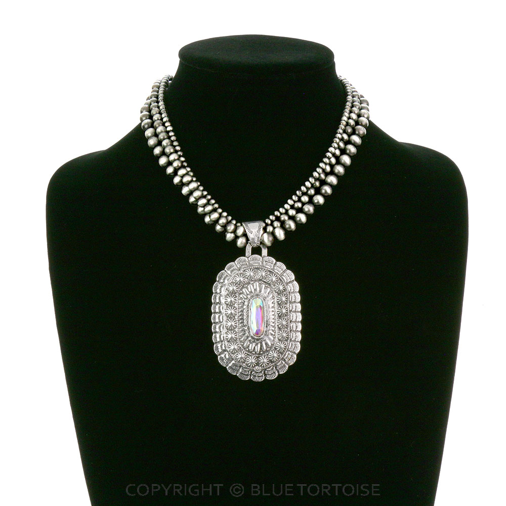 Navajo Style Bead & Glass Bead with Concho Pendant Necklace - Image 3