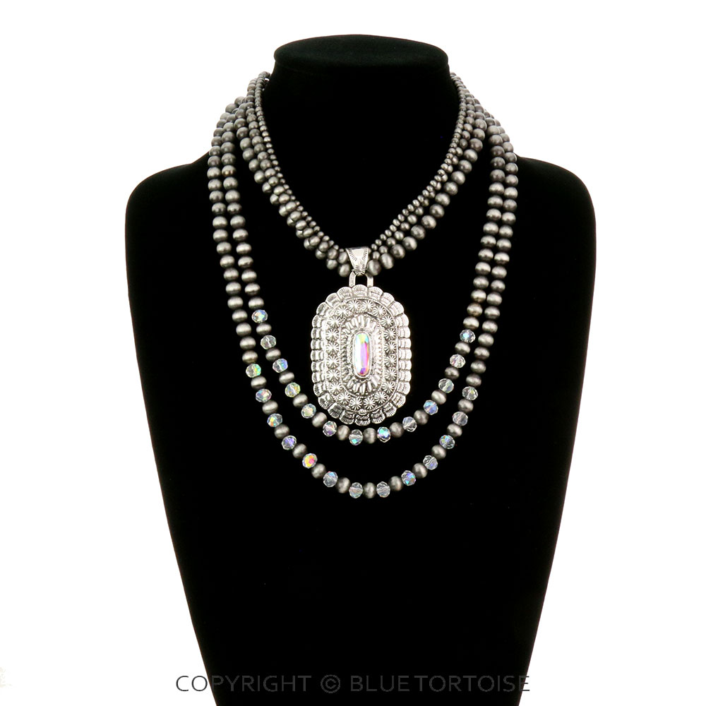 Navajo Style Bead & Glass Bead with Concho Pendant Necklace - Image 2
