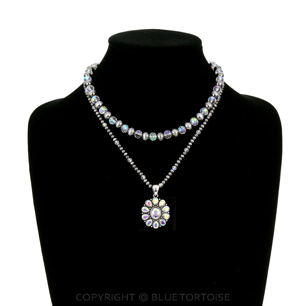 2Row Navajo Style Bead & Glass Bead with Concho Pendant Necklace - Image 2