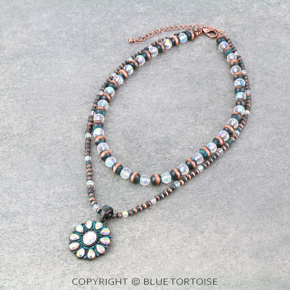 2Row Navajo Style Bead & Glass Bead with Concho Pendant Necklace
