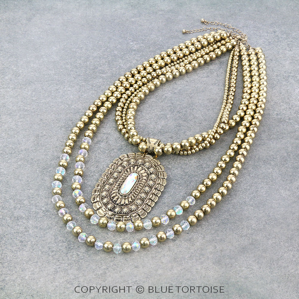 Navajo Style Bead & Glass Bead with Concho Pendant Necklace