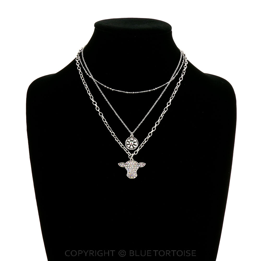 3 Row Concho & Cow Head Chain Necklace - Image 2