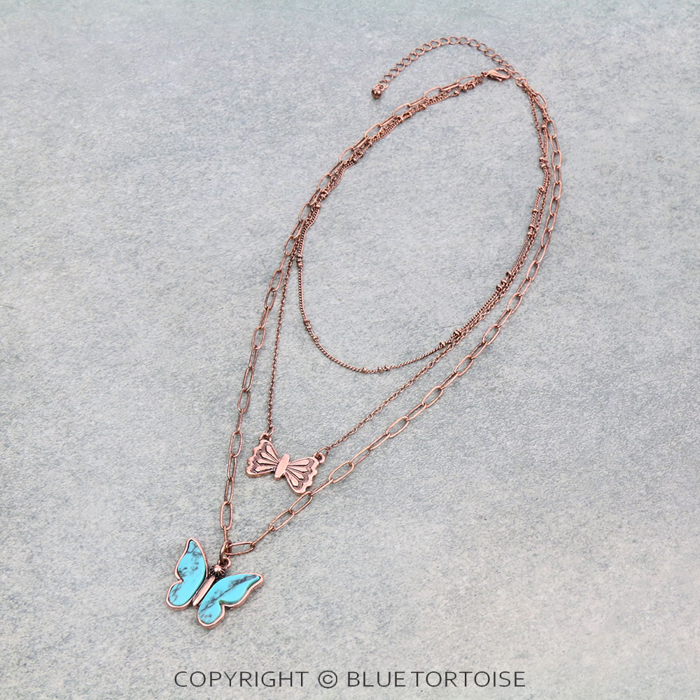 3 Row Concho & Butterfly Stone Chain Necklace
