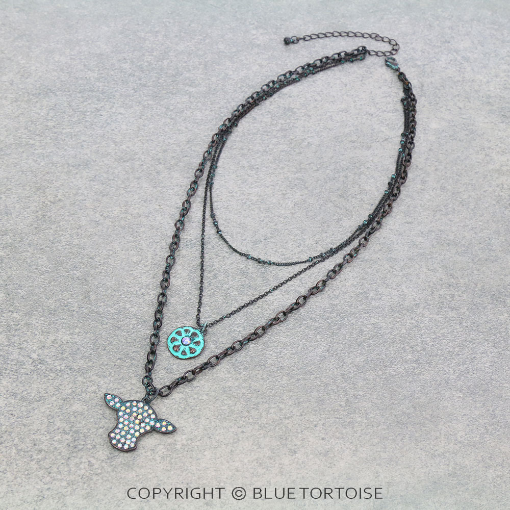 3 Row Concho & Cow Head Chain Necklace