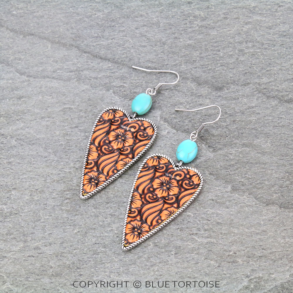 Stone Casting with Flower Leather Dangle Earrings 2.2"