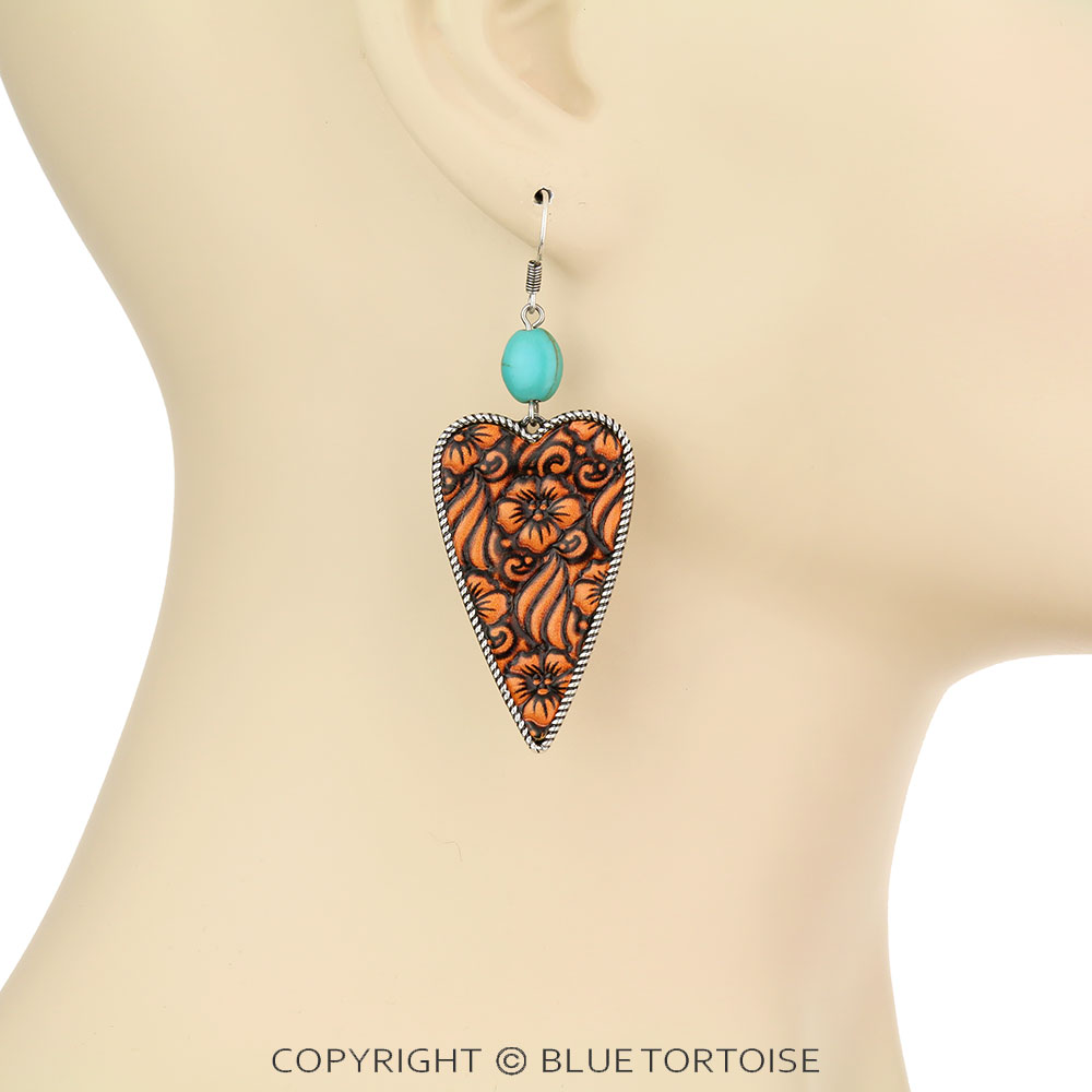 Stone Casting with Flower Leather Dangle Earrings 2.2" - Image 2