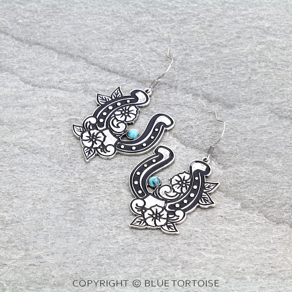 1.8" Western Horseshoe with Flower Dangle Earrings
