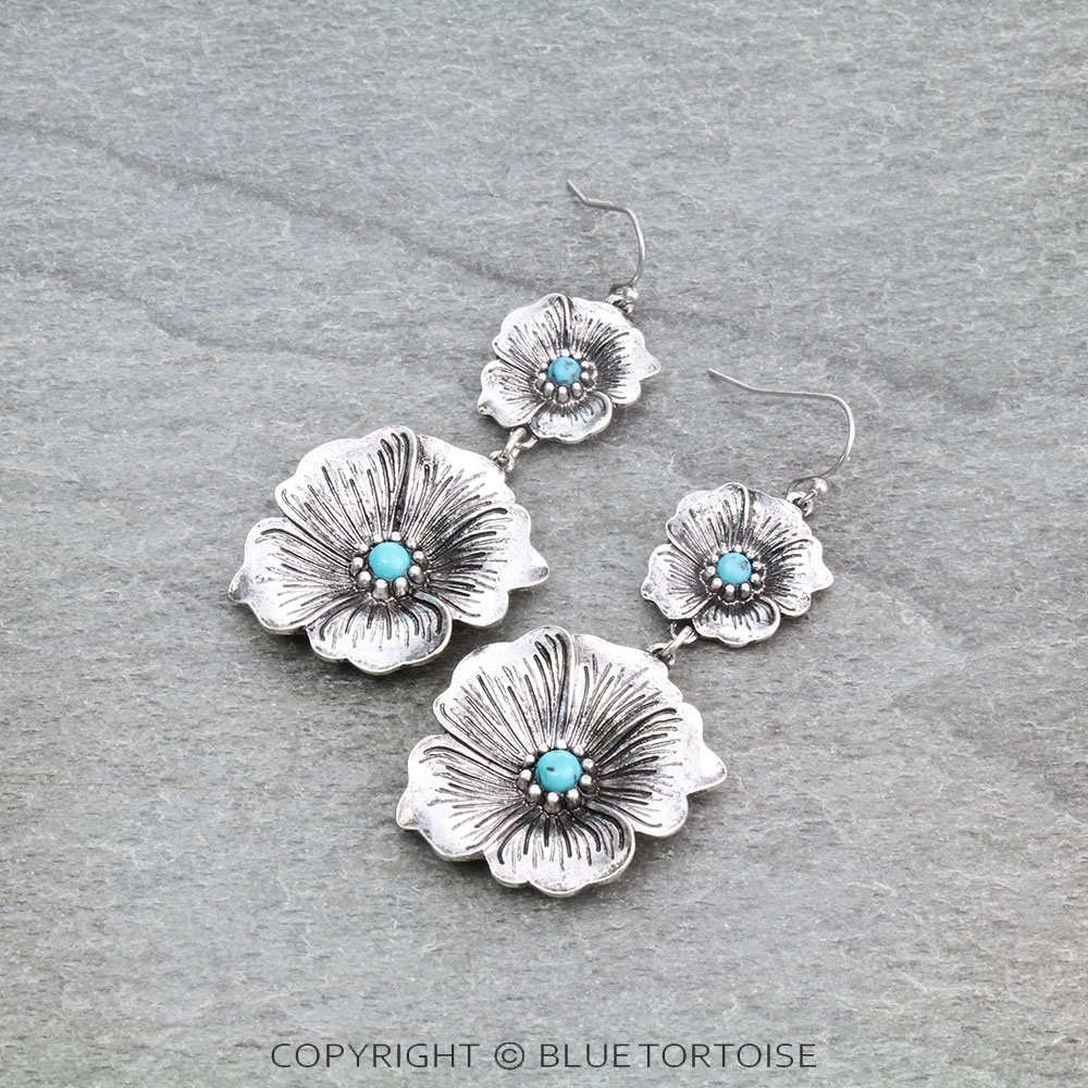 2.5" Flower with Stone Dangle Earrings