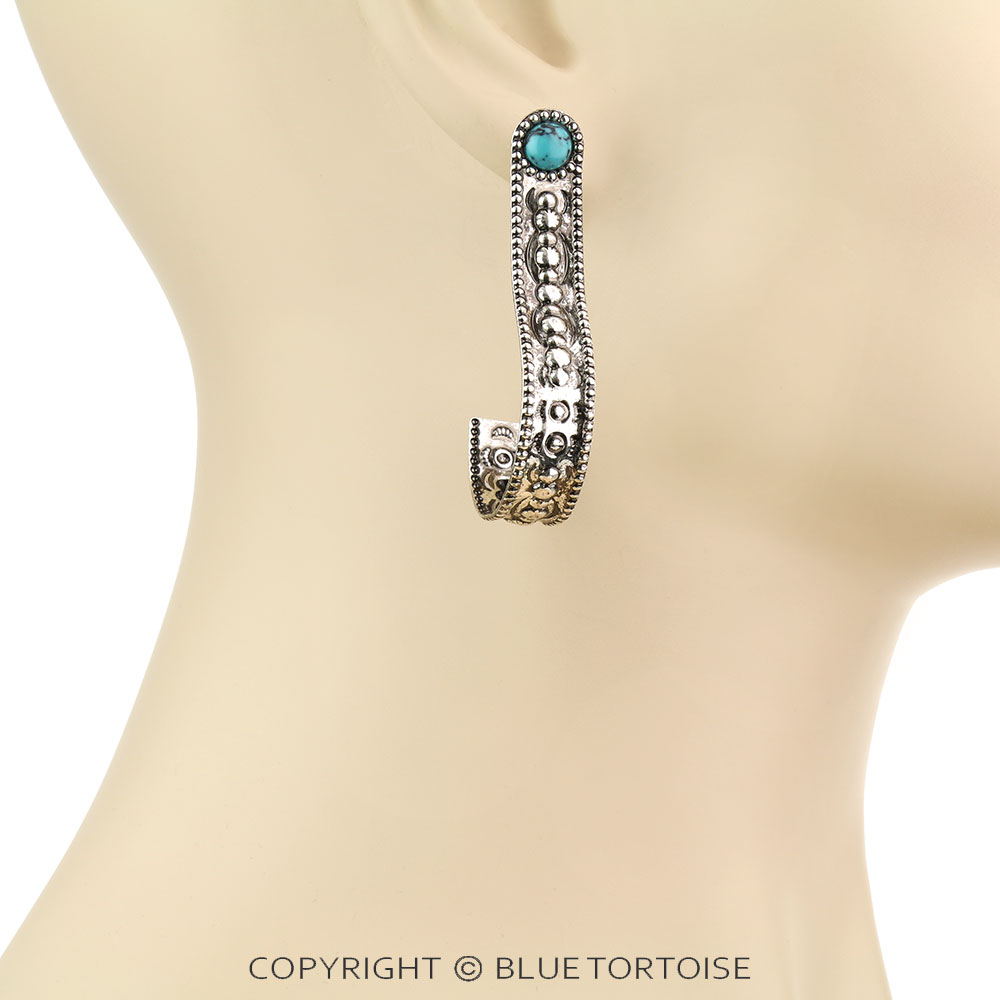 Western Patterned Iron with Stone Stud Earrings - Image 2