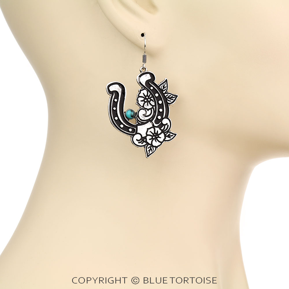 1.8" Western Horseshoe with Flower Dangle Earrings - Image 2