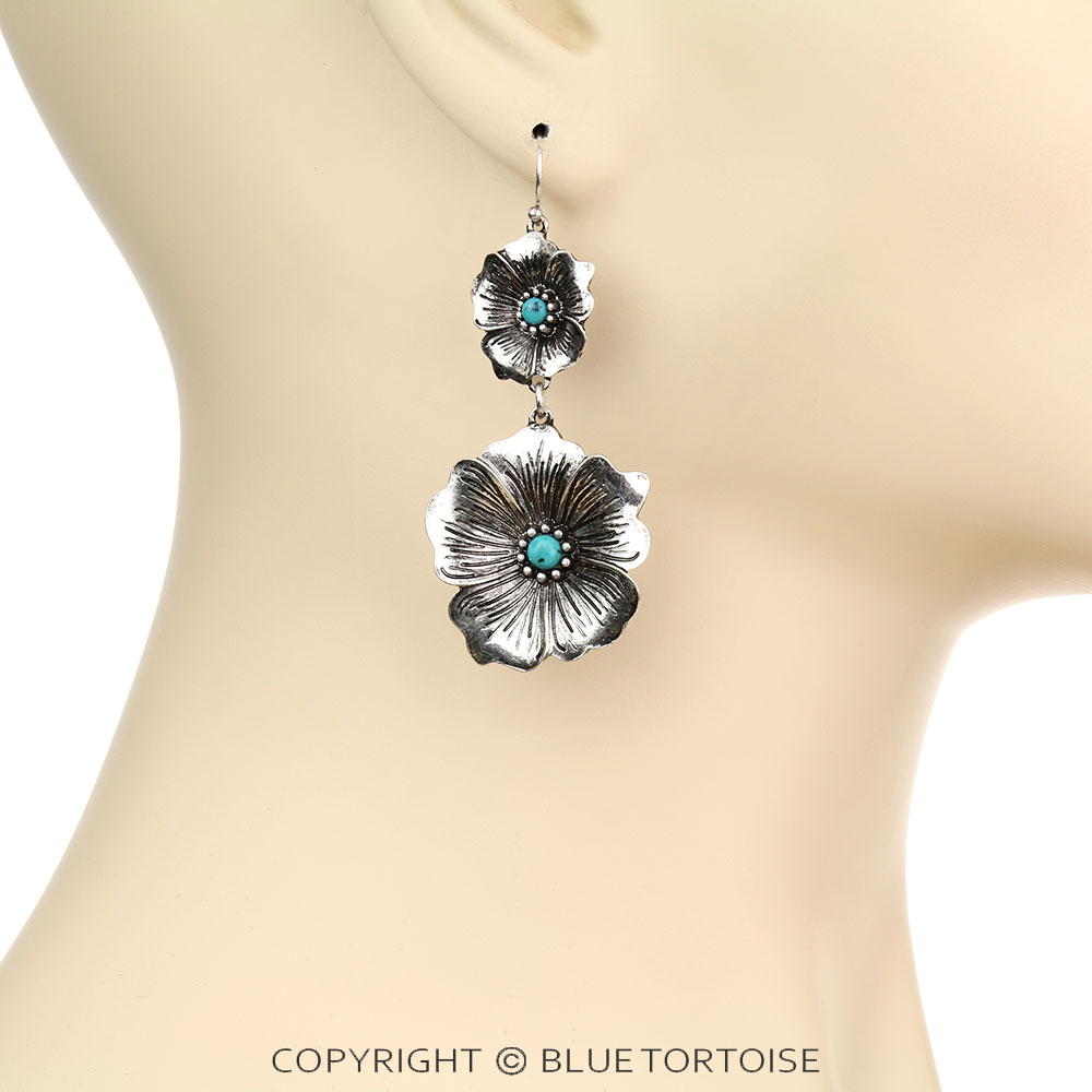 2.5" Flower with Stone Dangle Earrings - Image 2