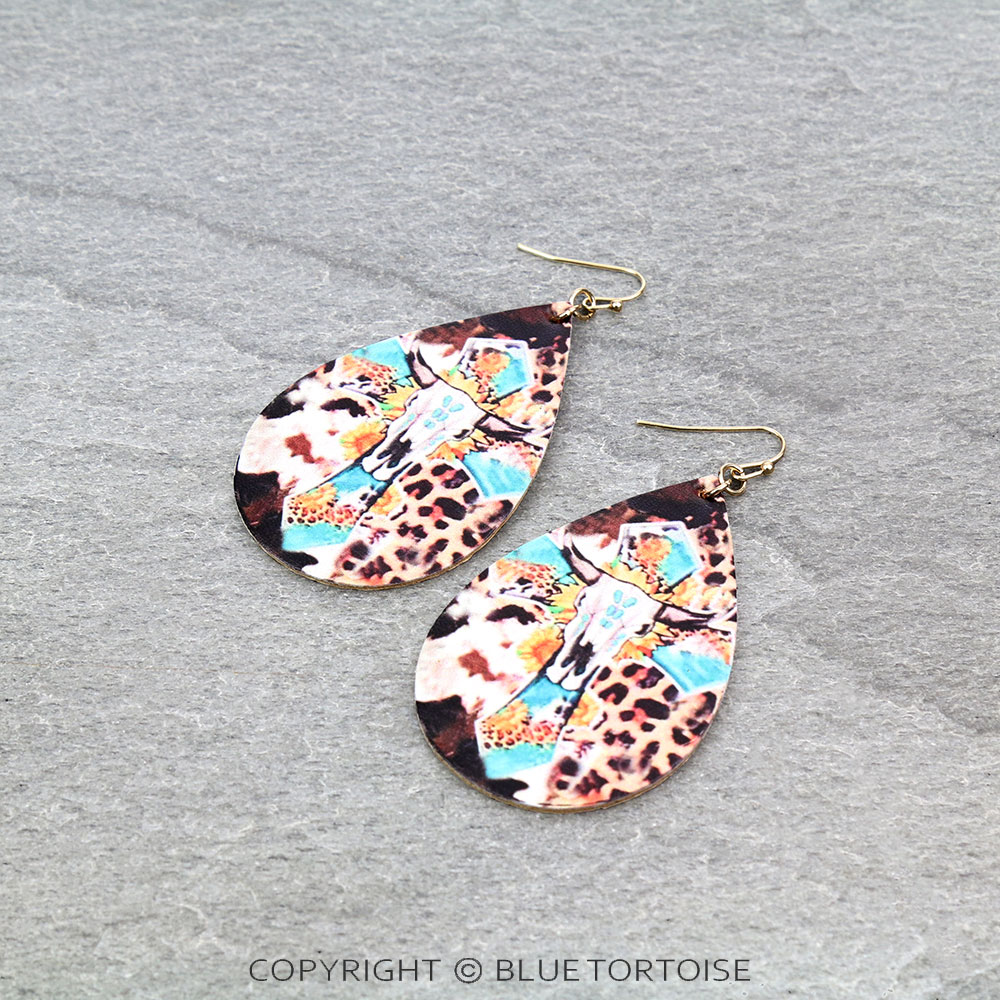 Western Cross Print Leather Dangle Earrings