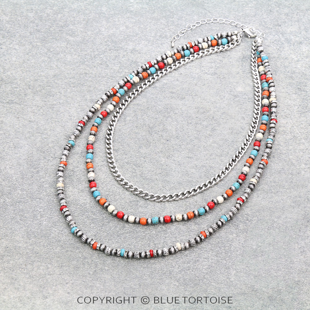 3 Layered Pearl, Bead & Chain Necklace