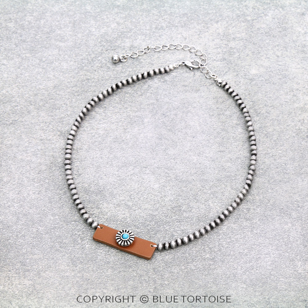 Navajo Style Pearl with Concho Leather Bar Choker