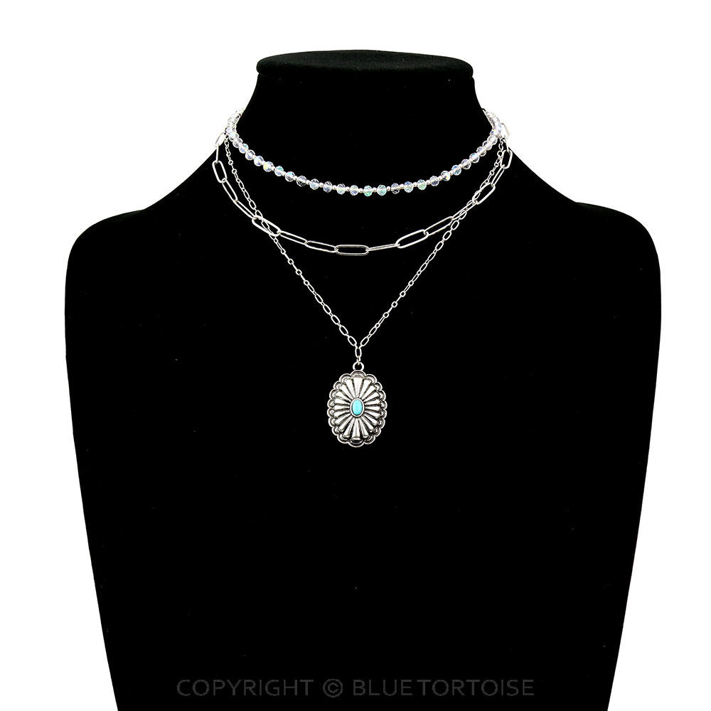 3Row Glass Bead and Chain with Concho Pendant Necklace - Image 2