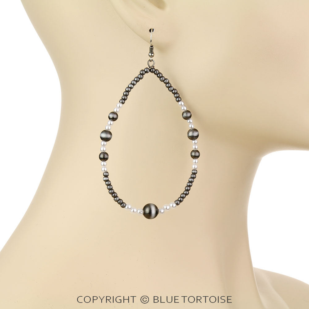 3" Navajo Style Pearl & Bead Teardrop Dangle Earrings - Image 2