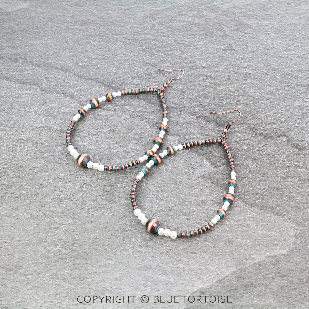 3" Navajo Style Pearl & Bead Teardrop Dangle Earrings