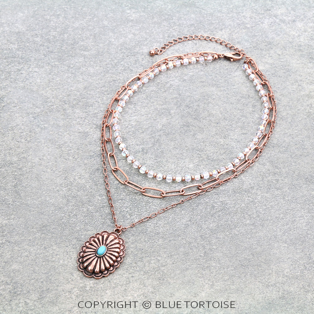 3Row Glass Bead and Chain with Concho Pendant Necklace