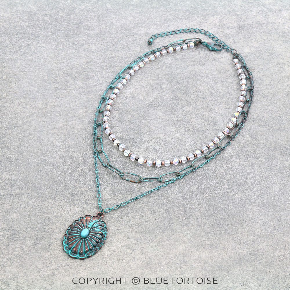 3Row Glass Bead and Chain with Concho Pendant Necklace