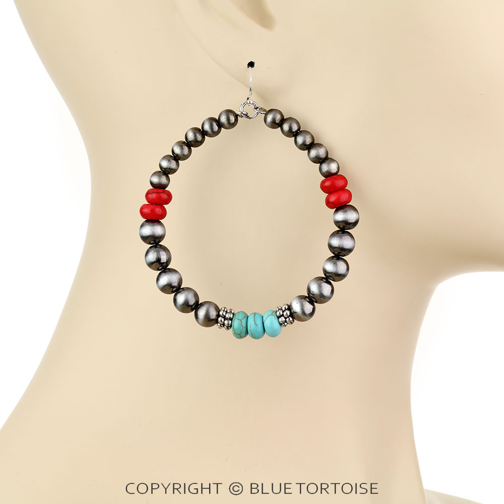 Navajo Style Pearl and Bead Hoop Dangle Earrings - Image 2