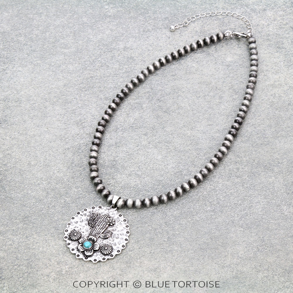 Navajo Style Pearl with Cactus Pendant Necklace