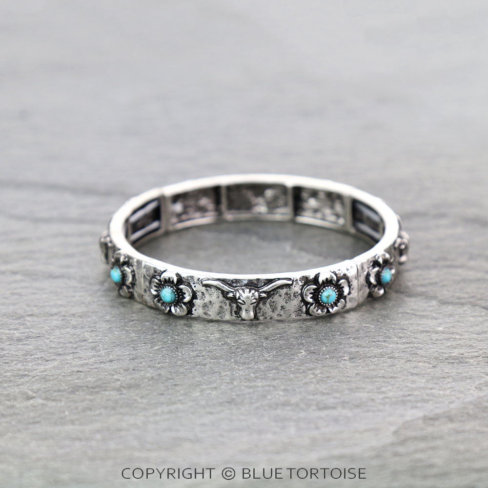 Western Steer Skull with Stone Stretch Bracelet - Image 2