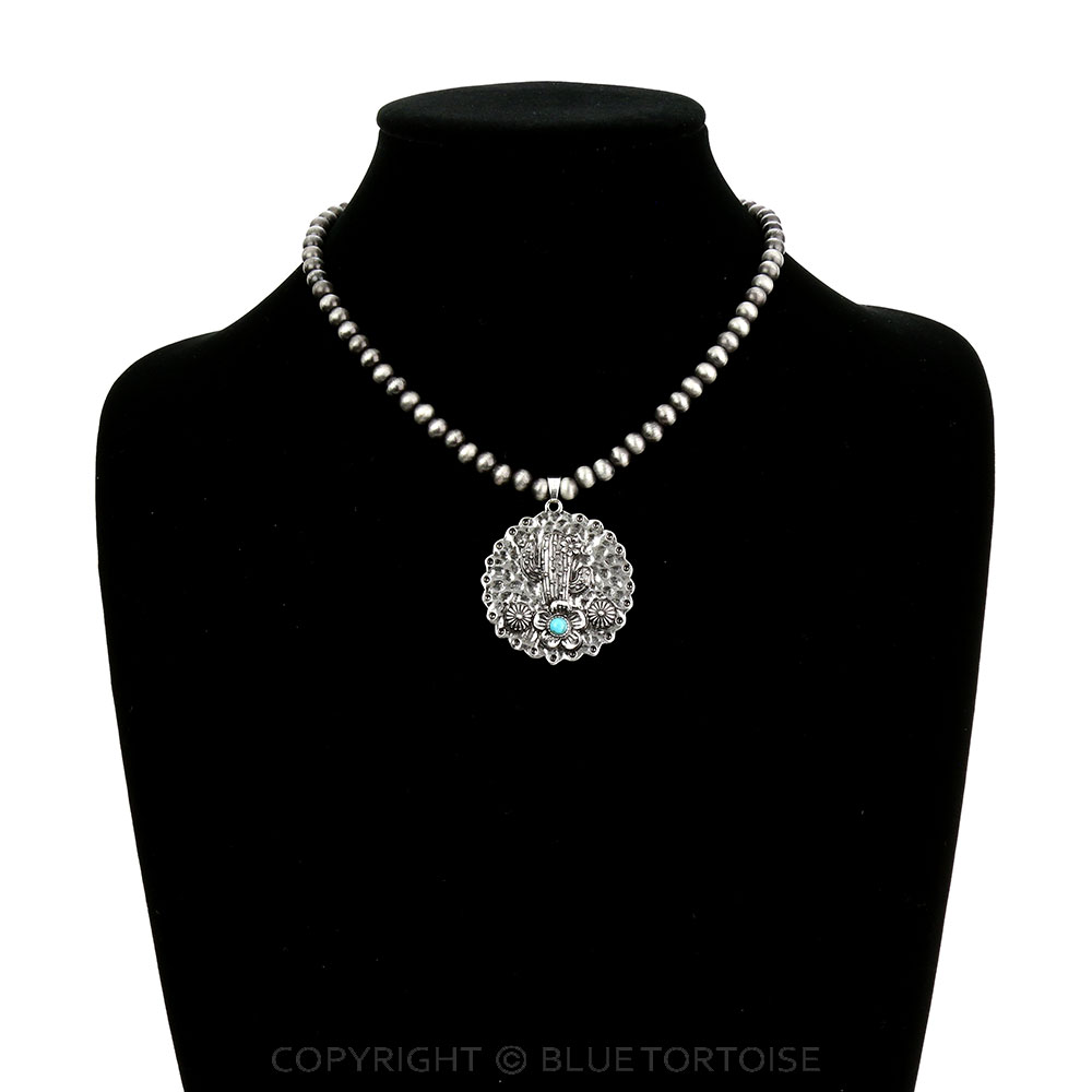 Navajo Style Pearl with Cactus Pendant Necklace - Image 2
