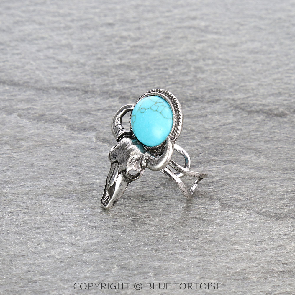 Western Steer Skull Stone Cuff Ring - Image 2