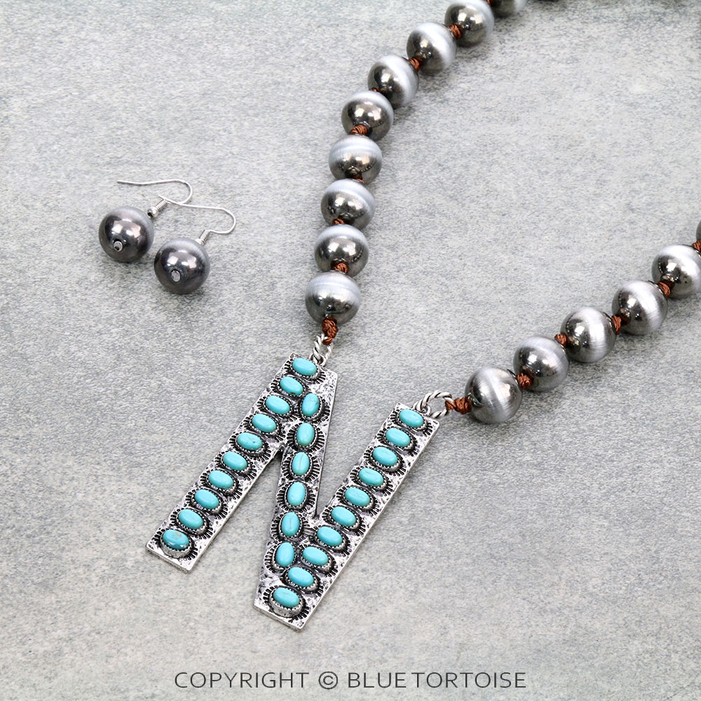 Initial “N” Metallic Pearl Necklace Set