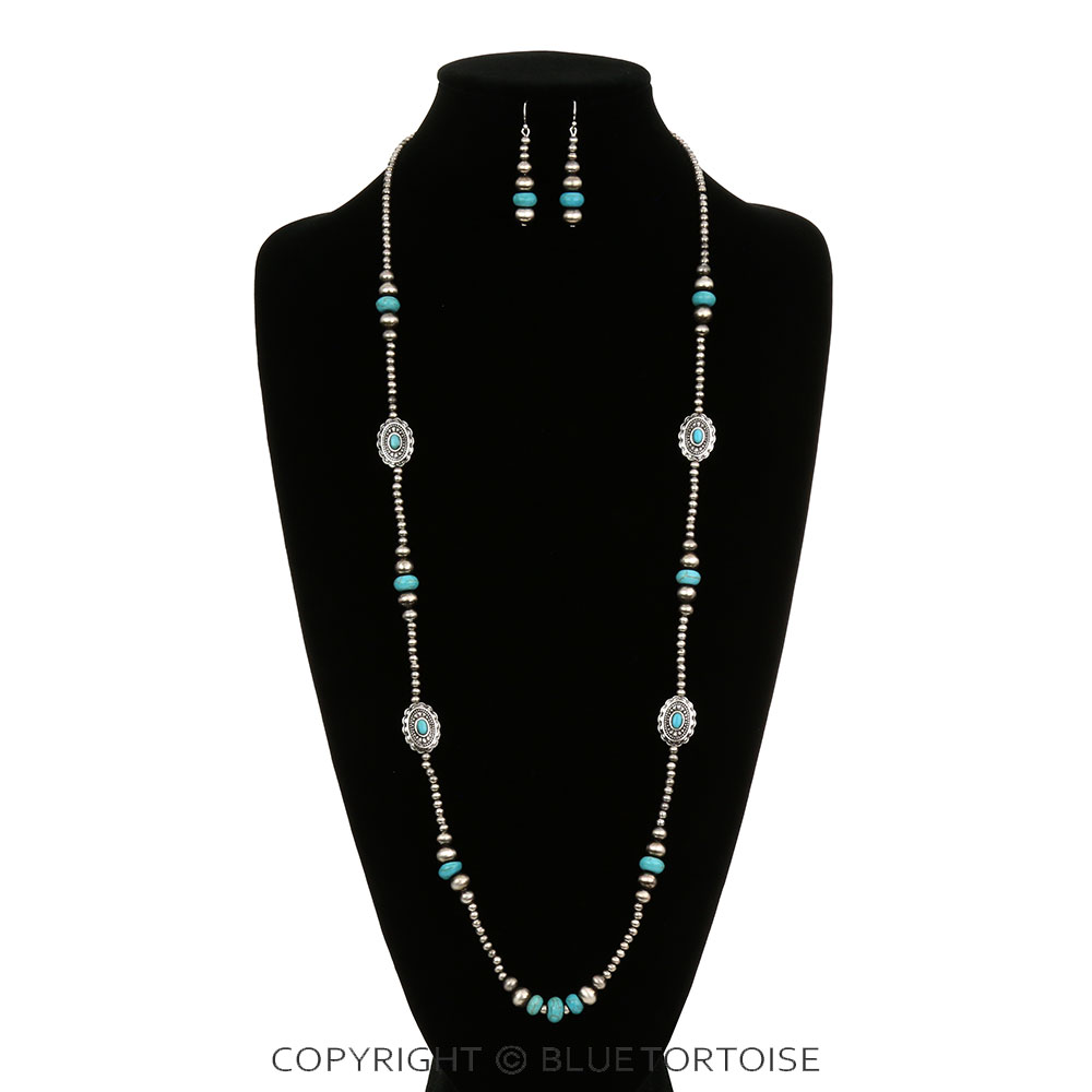 Western Navajo Style Pearl with Concho Necklace Set - Image 2