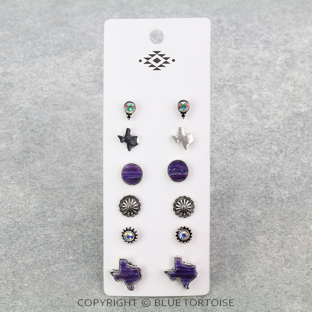 6 Pair TX Map Agate & AB Stone Earring Set