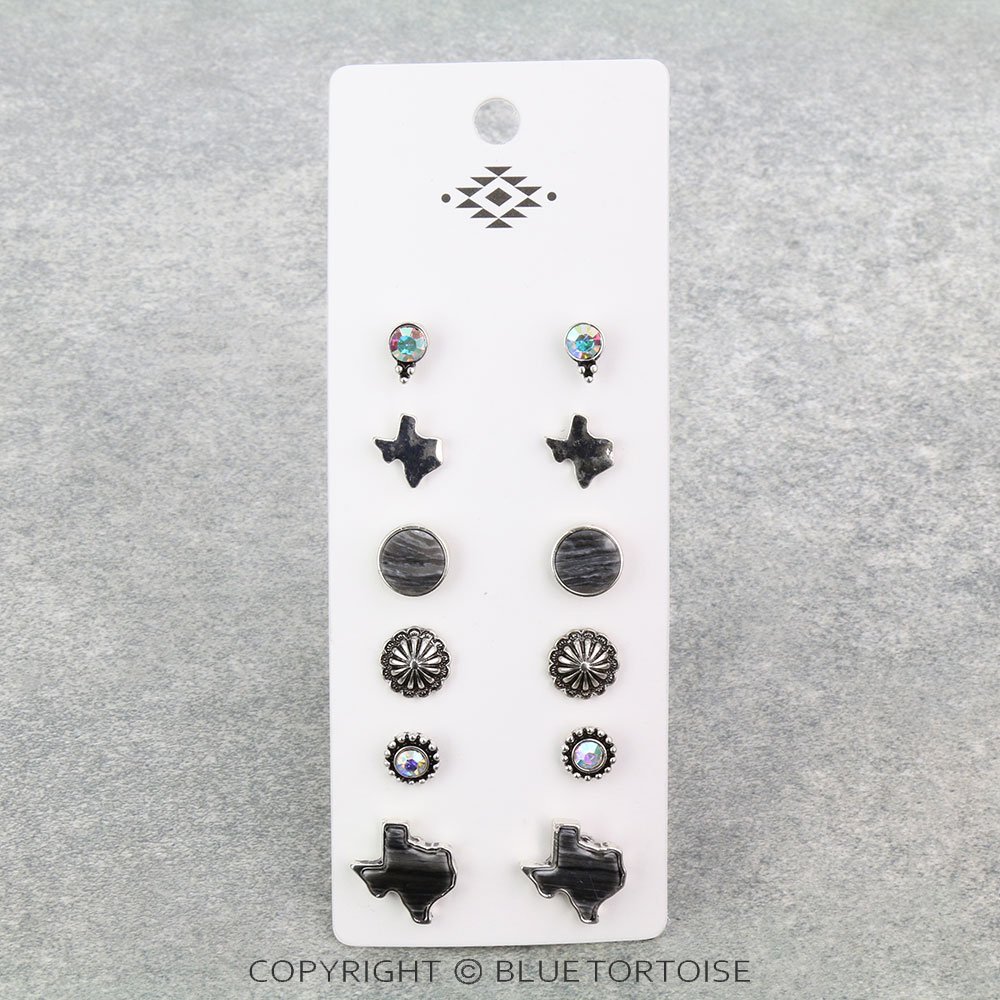 6 Pair TX Map Agate & AB Stone Earring Set