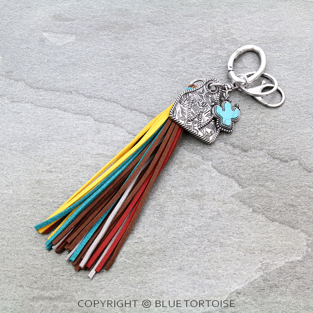 Cow Ear Tag Initial "W" Pendant With Tassel Keychain