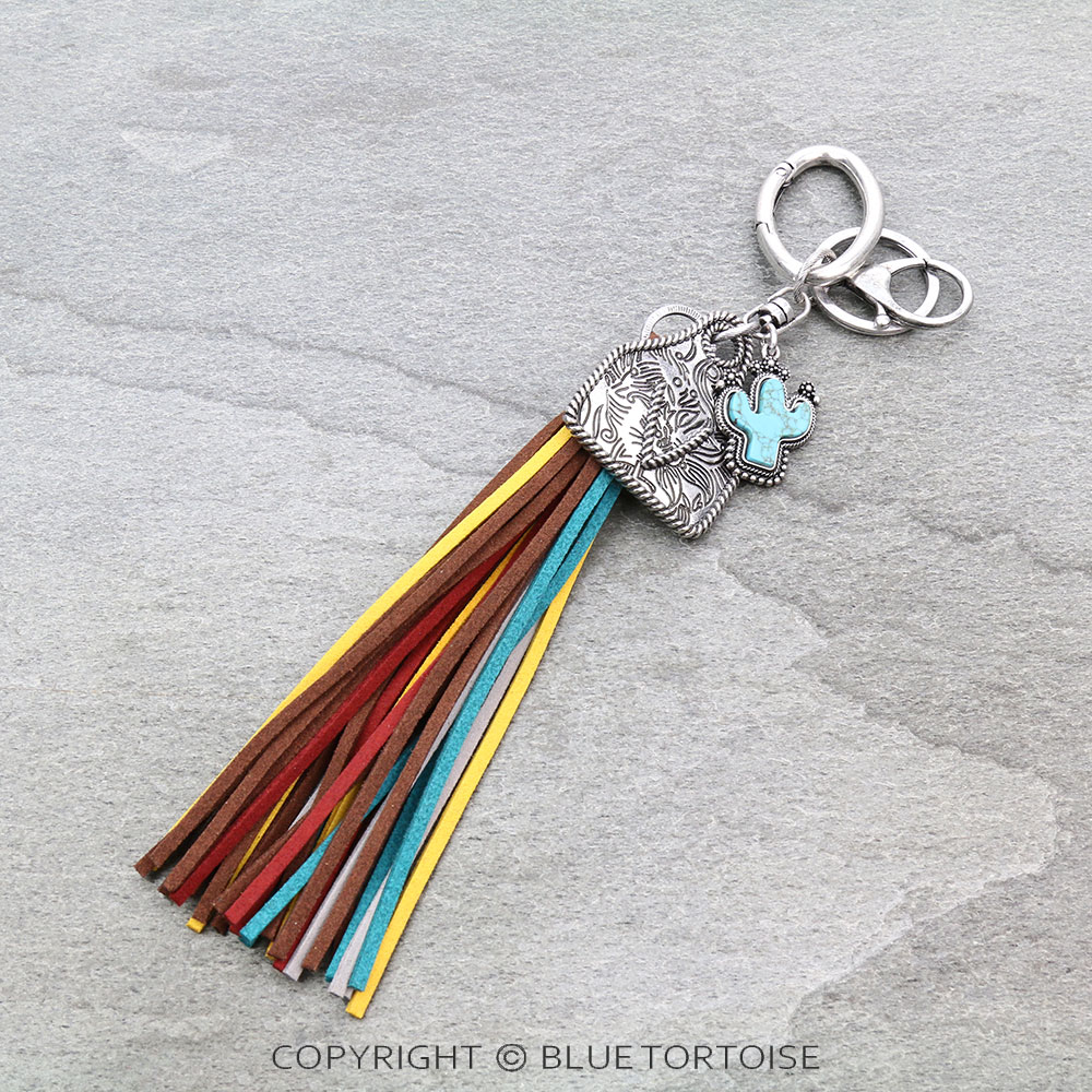 Cow Ear Tag Initial "V" Pendant With Tassel Keychain