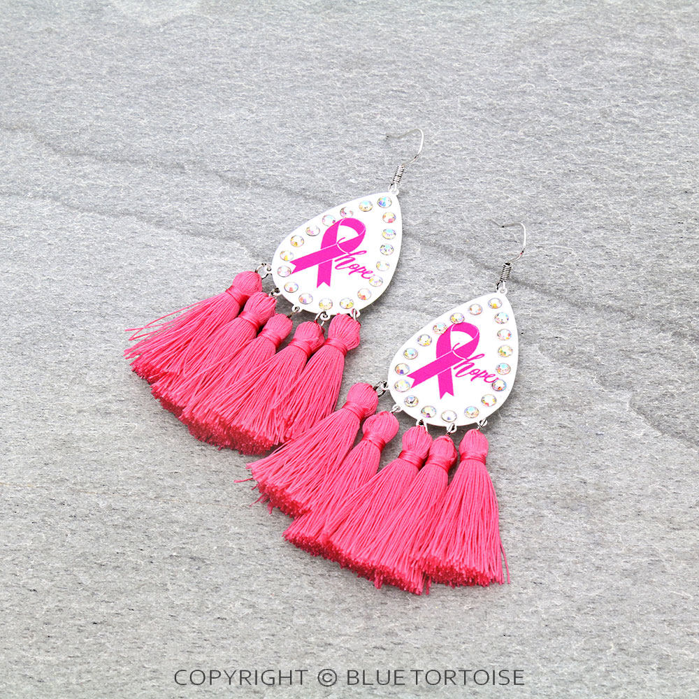 Pink Ribbon Teardrop with Tassel Dangle Earrings
