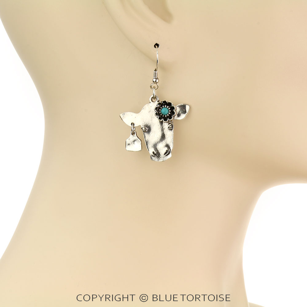 Western Flower Cow Head Dangle Earrings - Image 2