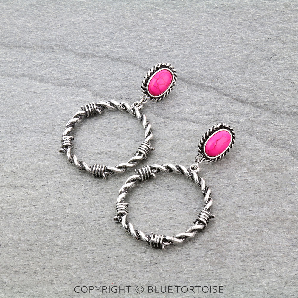 Round Barbed Wire Stone Stud Earrings