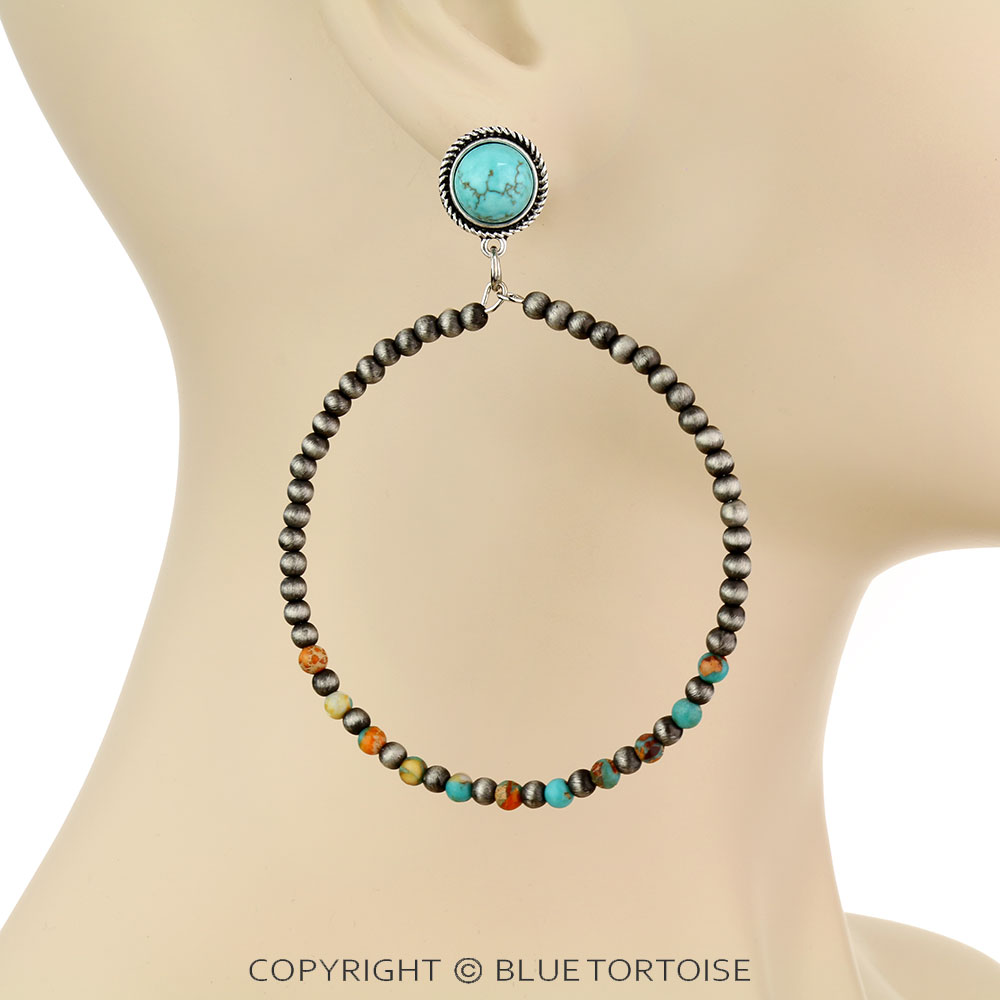 3.2" Long, Tiny 4mm Gemstone & Navajo Style Pearl 65mm Hoop, Natural Stone Post Earrings - Image 2