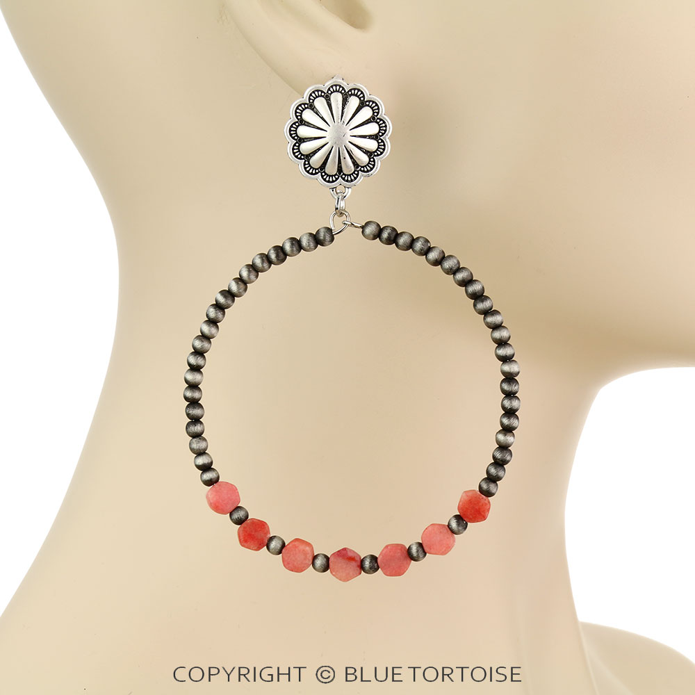 3.5" Long, Hexa 6mm Natural Gemstone & 4mm Navajo Style Pearl 65mm Hoop, Brass Post Earrings - Image 2