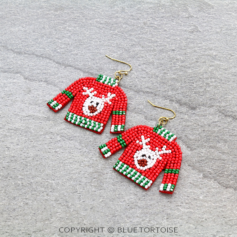 Christmas Seed Bead Ugly Sweater Dangle Earrings