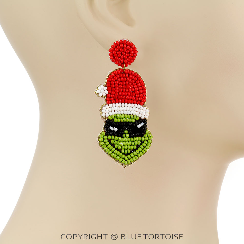 Christmas Seed Bead Grinch Stud Earrings - Image 2