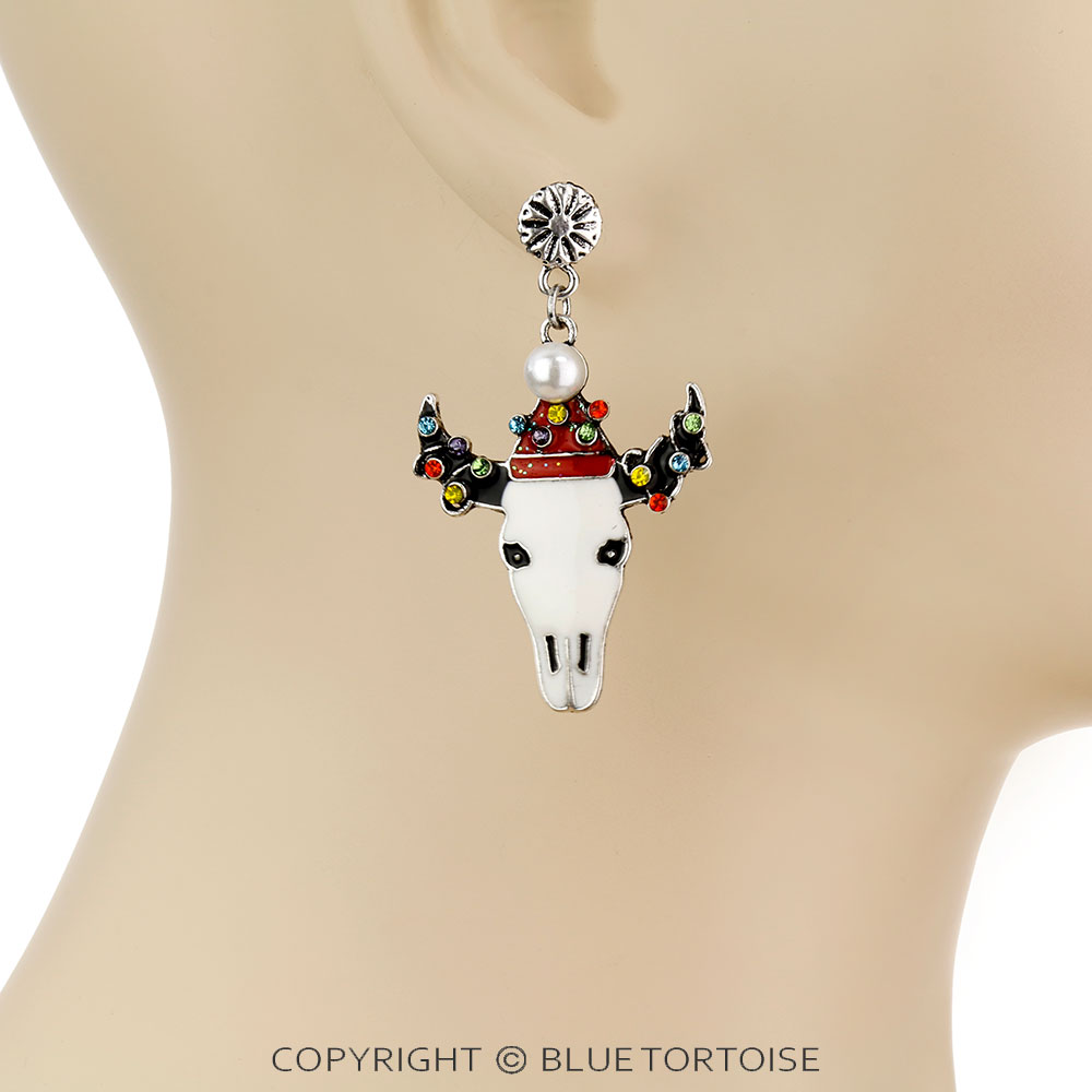 Christmas Steer Skull Stud Earrings - Image 2