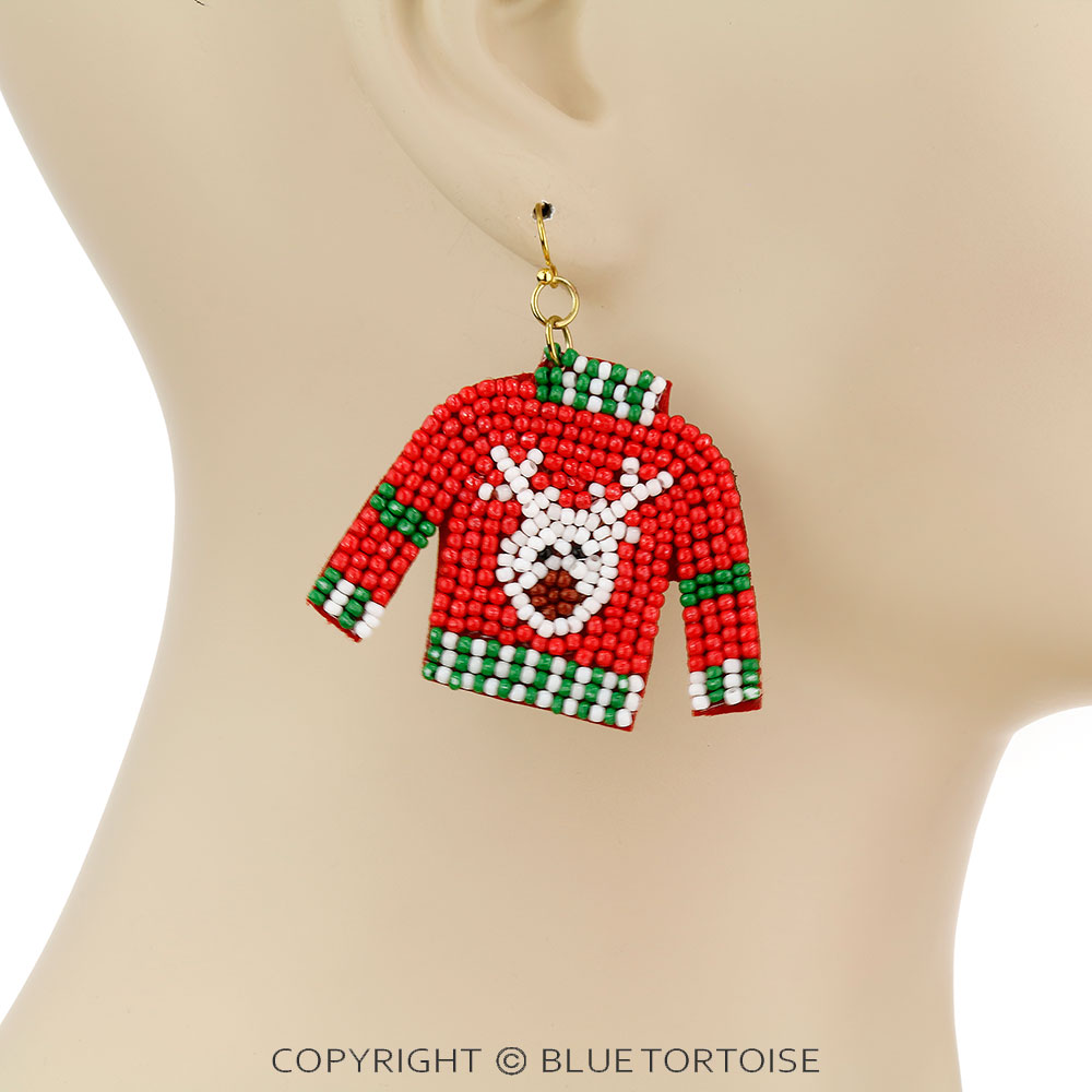 Christmas Seed Bead Ugly Sweater Dangle Earrings - Image 2