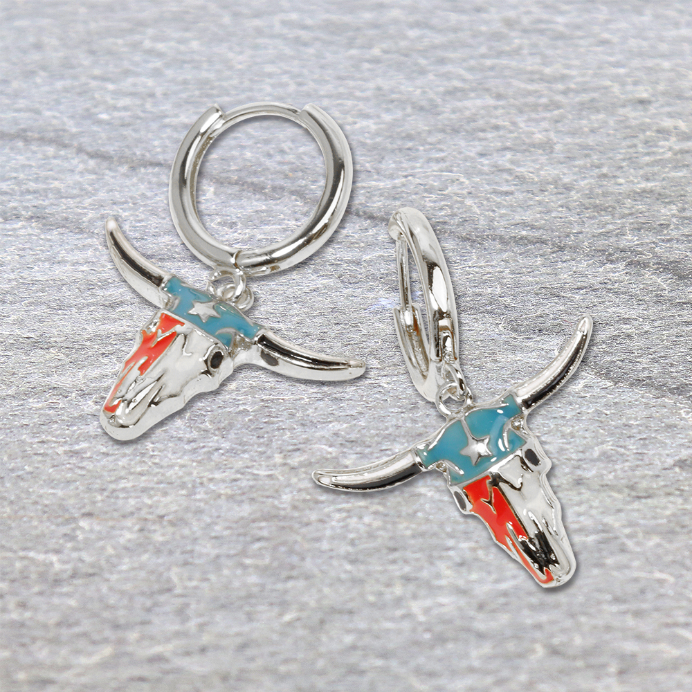 Texas Flag Steer Skull Hoop Earrings