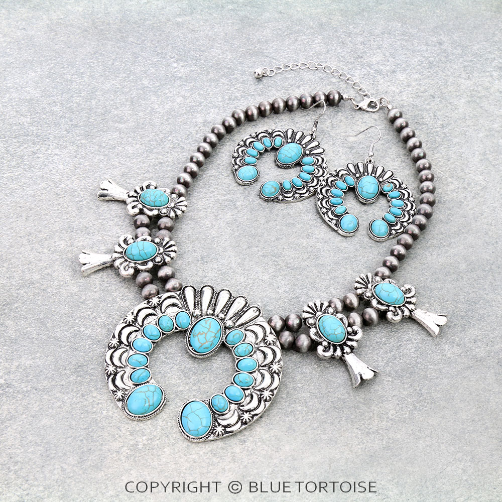 Navajo Style Pearl Squash Blossom Necklace Set