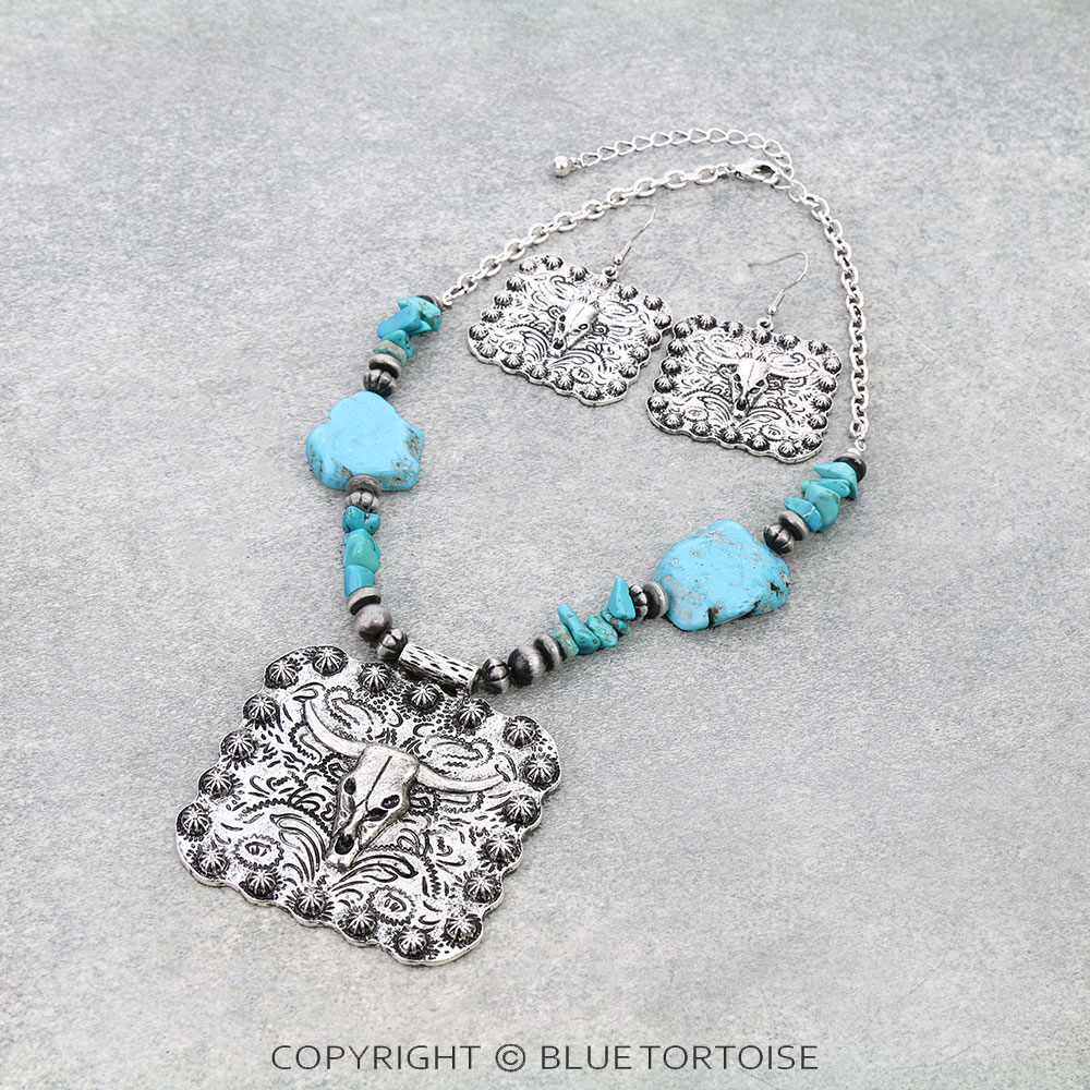Western Steer Skull Pendant Necklace Set
