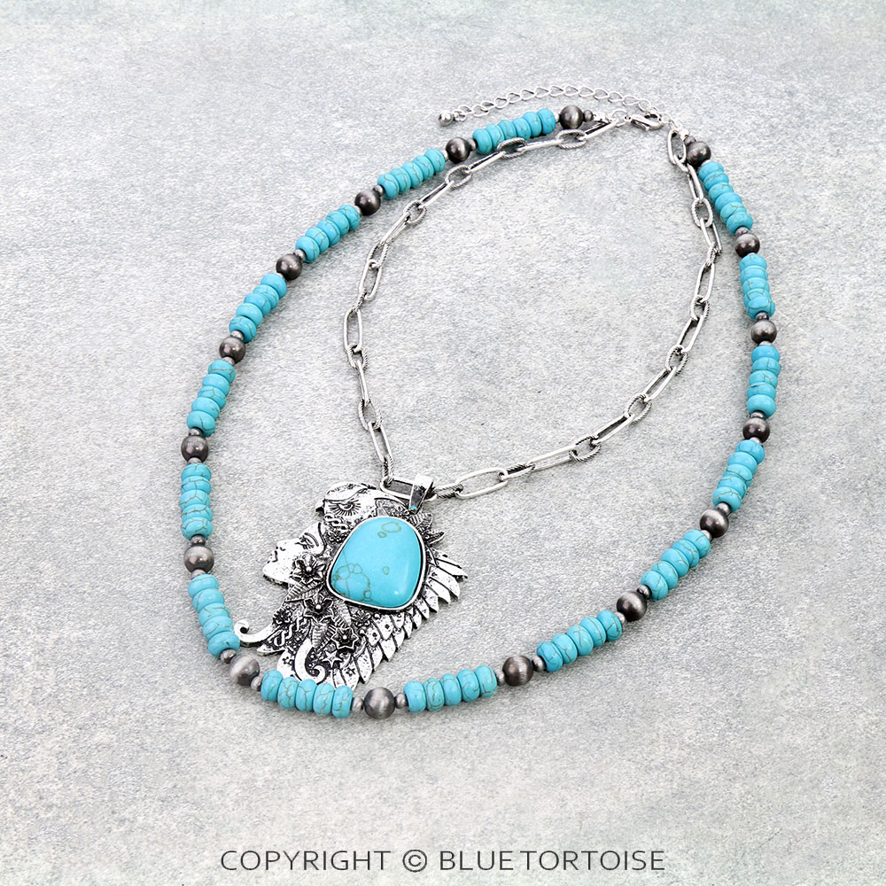 2 Layered with Native American Woman Head Pendant Necklace