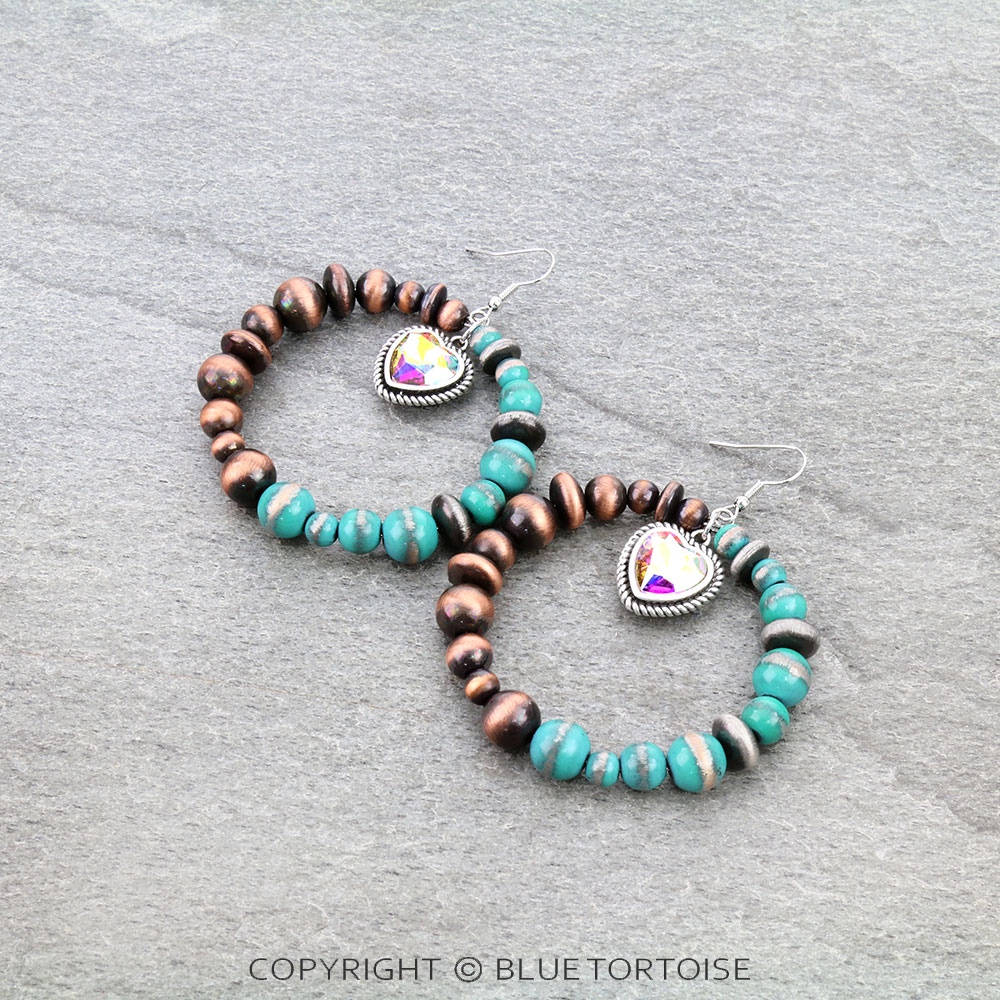 Navajo Style Pearl with Heart Stone Dangle Earrings
